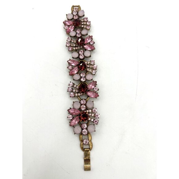 Vintage Pink Rhinestone Bracelet Aurora Style Opaline Cabochons 6.75” - Picture 1 of 9